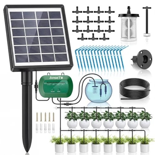 AnseTo Sistema de Riego Solar por Goteo, 15 Goteros, Batería 2200mAh