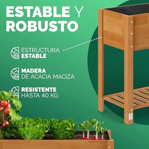 CASARIA Huerto Elevado de Madera de Acacia FSC, 100x40x84cm, Soporta 40kg foto 2