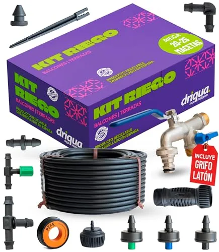 DRIQUA Kit de Riego por Goteo para 20-25 Macetas, Grifo Doble de Latón y Tubo 25m