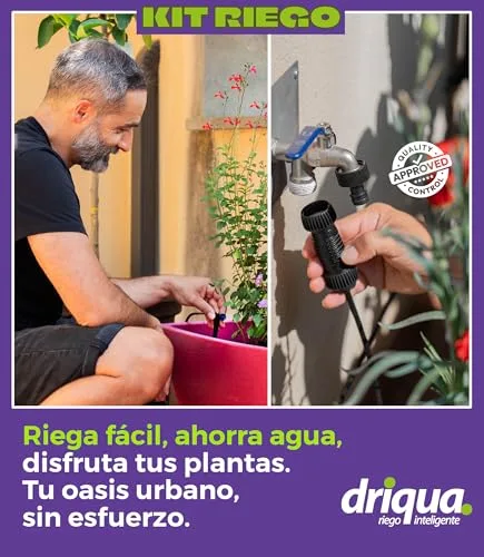 DRIQUA Kit de Riego por Goteo para 20-25 Macetas, Grifo Doble de Latón y Tubo 25m foto 1