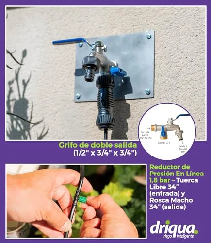 DRIQUA Kit de Riego por Goteo para 20-25 Macetas, Grifo Doble de Latón y Tubo 25m foto 2