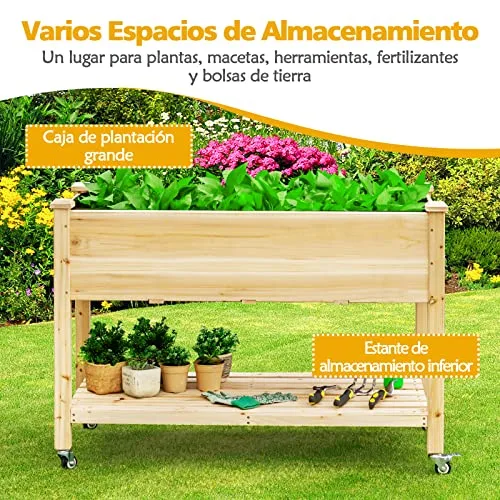 GOPLUS Jardinera Elevada de Madera con Ruedas Bloqueables y Estante, 120x59x84cm foto 1