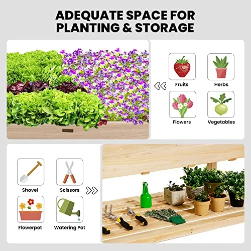 GOPLUS Jardinera Elevada de Madera con Ruedas Bloqueables y Estante, 120x59x84cm foto 2