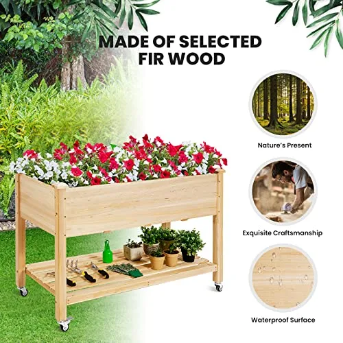 GOPLUS Jardinera Elevada de Madera con Ruedas Bloqueables y Estante, 120x59x84cm foto 4