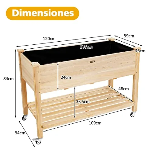 GOPLUS Jardinera Elevada de Madera con Ruedas Bloqueables y Estante, 120x59x84cm foto 5
