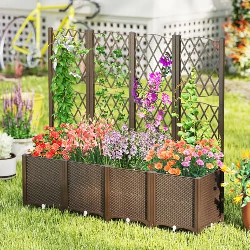 HOMASIS Jardinera Elevada con Celosía para Trepadoras y Autorriego, 80x40x140cm foto 1