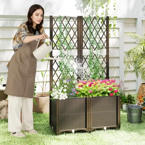 HOMASIS Jardinera Elevada con Celosía para Trepadoras y Autorriego, 80x40x140cm foto 2