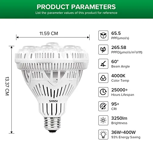 SANSI Bombilla de Cultivo LED 36W E27, Espectro Completo foto 3