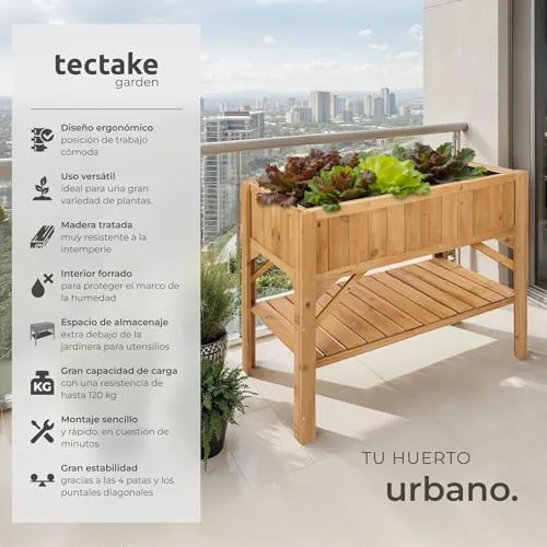 tectake Jardinera de Madera con Estantería y Lámina Protectora, 119x57x90cm foto 1