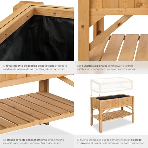 tectake Jardinera de Madera con Estantería y Lámina Protectora, 119x57x90cm foto 3