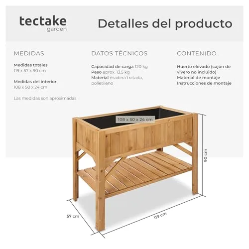 tectake Jardinera de Madera con Estantería y Lámina Protectora, 119x57x90cm foto 5