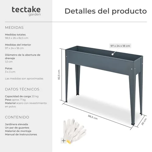 tectake Jardinera Rectangular de Acero con Patas, 98,5x26x82,5cm, 42L foto 5